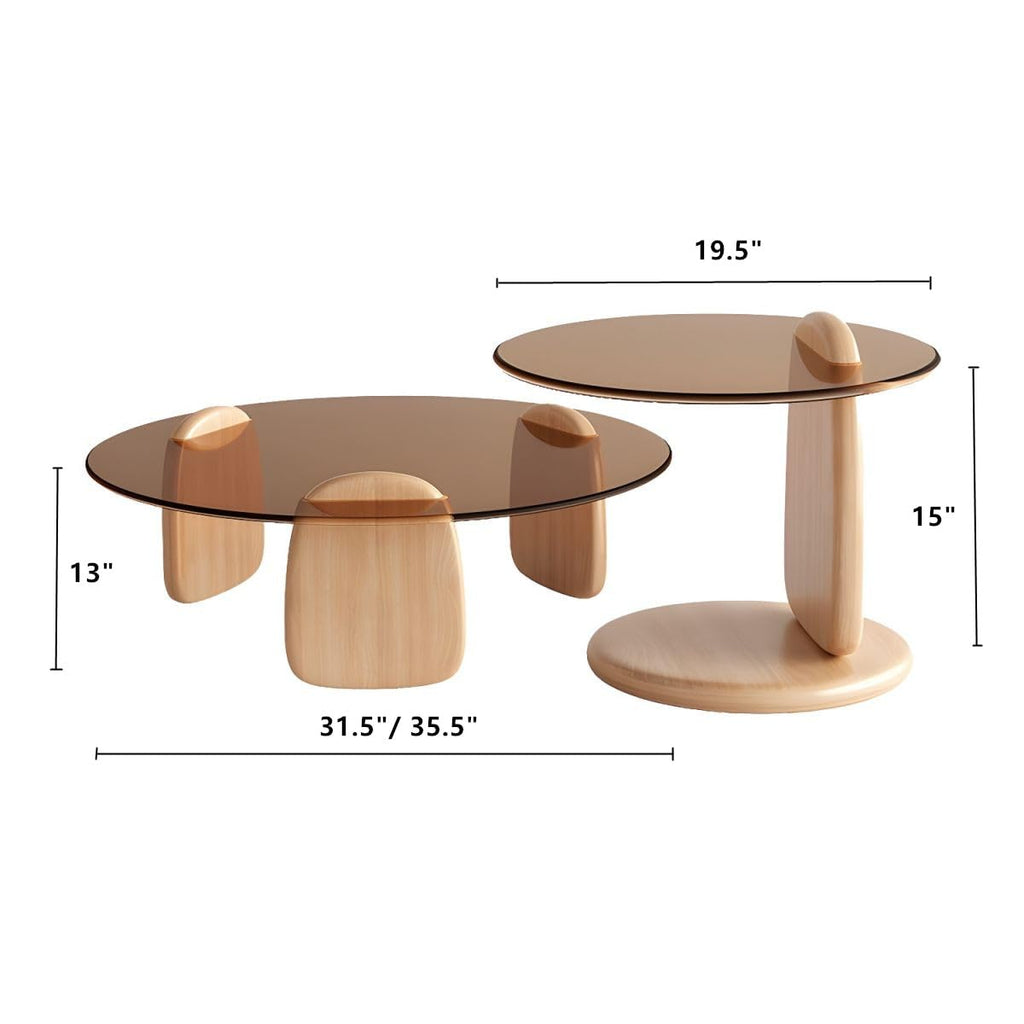 Nesting Coffee Table Set of 2 Glass Round Top Wood Legs B5574