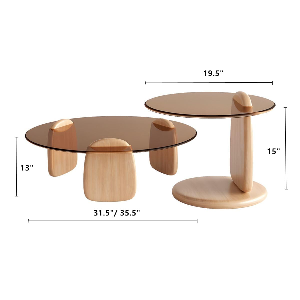Nesting Coffee Table Set of 2 Glass Round Top Wood Legs B5574