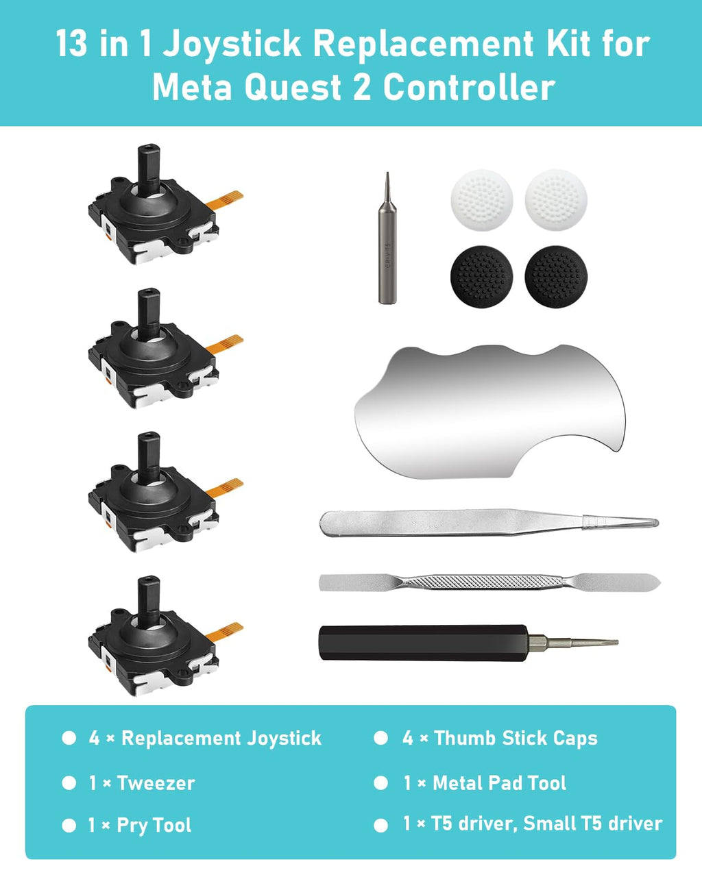Joystick Replacement Kit for Controller, Include 2 Joysticks, T5 Screwdriver, Tweezer, Pry Tool, 4 Thumbstick Grips Q203