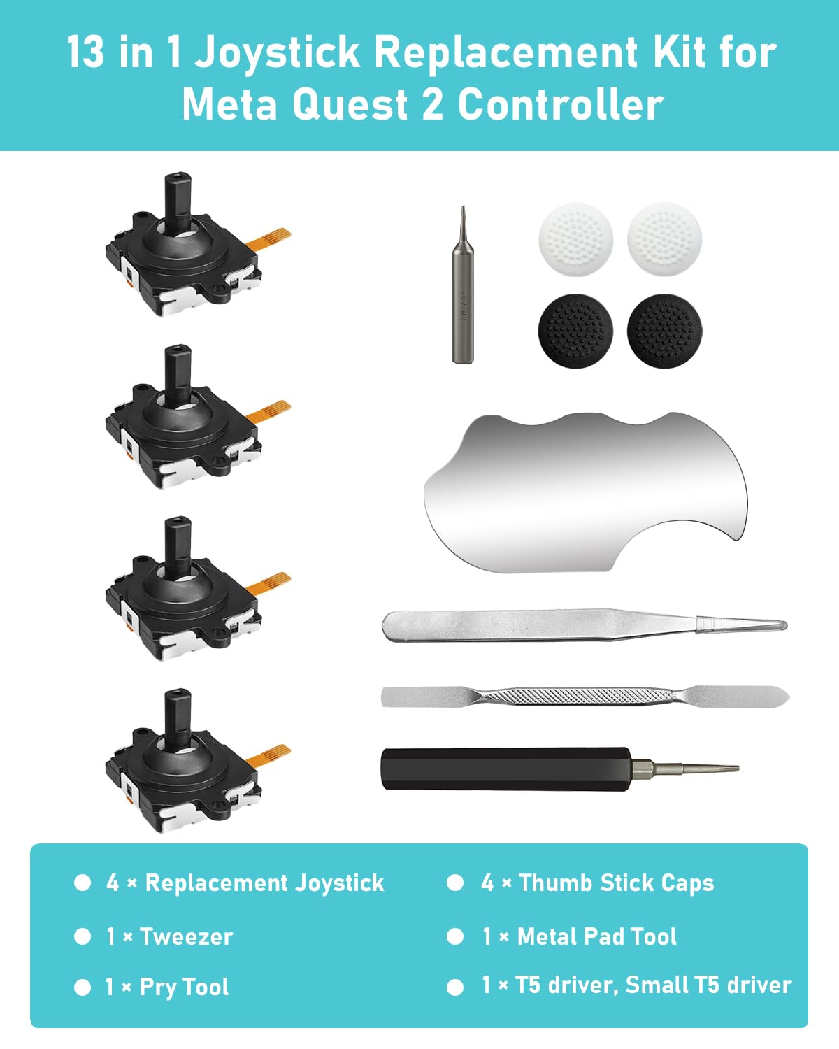 Joystick Replacement Kit for Controller, Include 2 Joysticks, T5 Screwdriver, Tweezer, Pry Tool, 4 Thumbstick Grips Q203