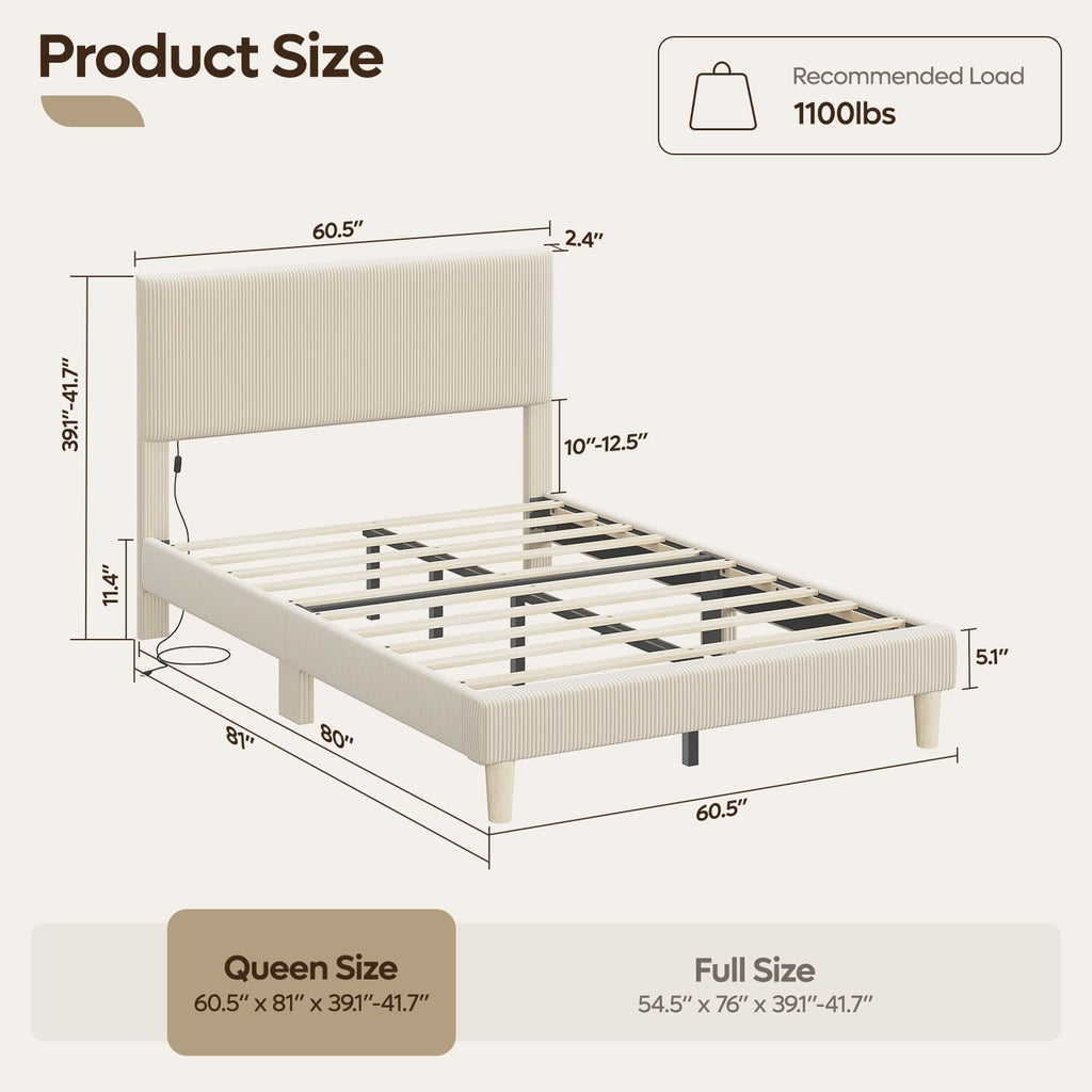 Queen Bed Frame with Headboard LED Lighting, Upholstered, Beige E22715