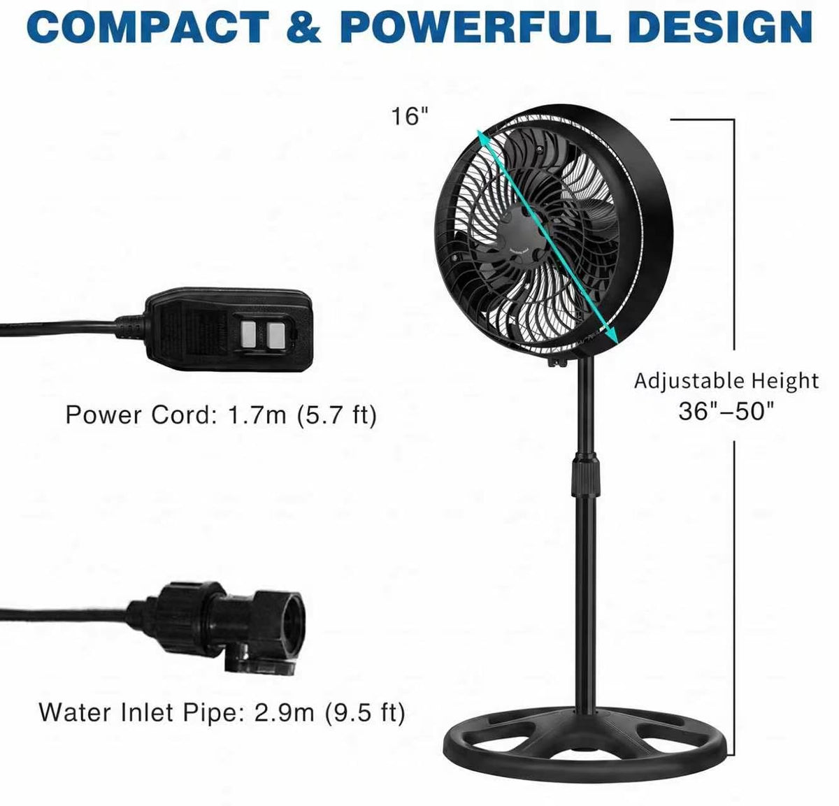 16 Inch Outdoor Misting Stand Fan, 3 Speed, 75° Oscillation, Black N485