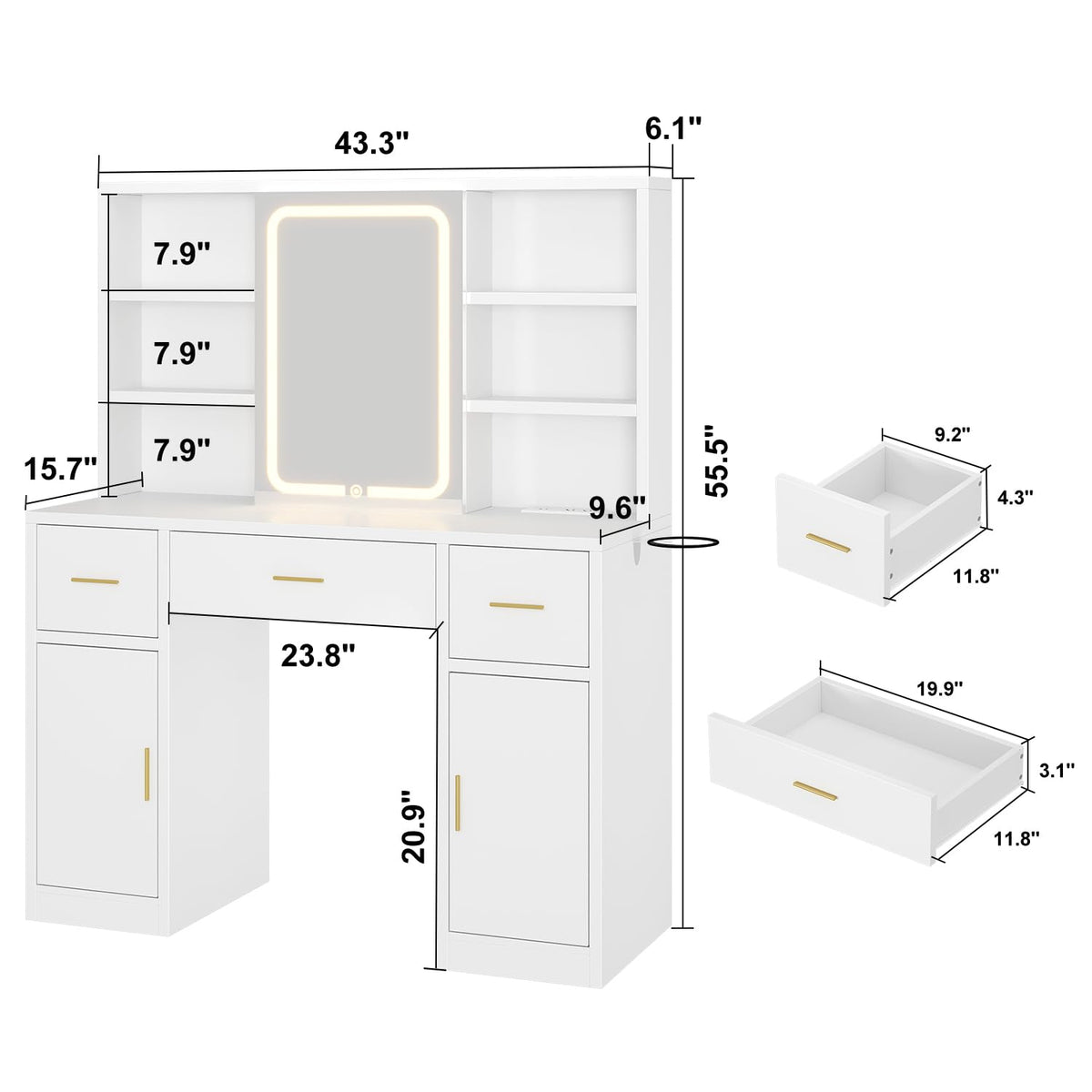 White Vanity Desk with Sliding Mirror and LED Lights E45944