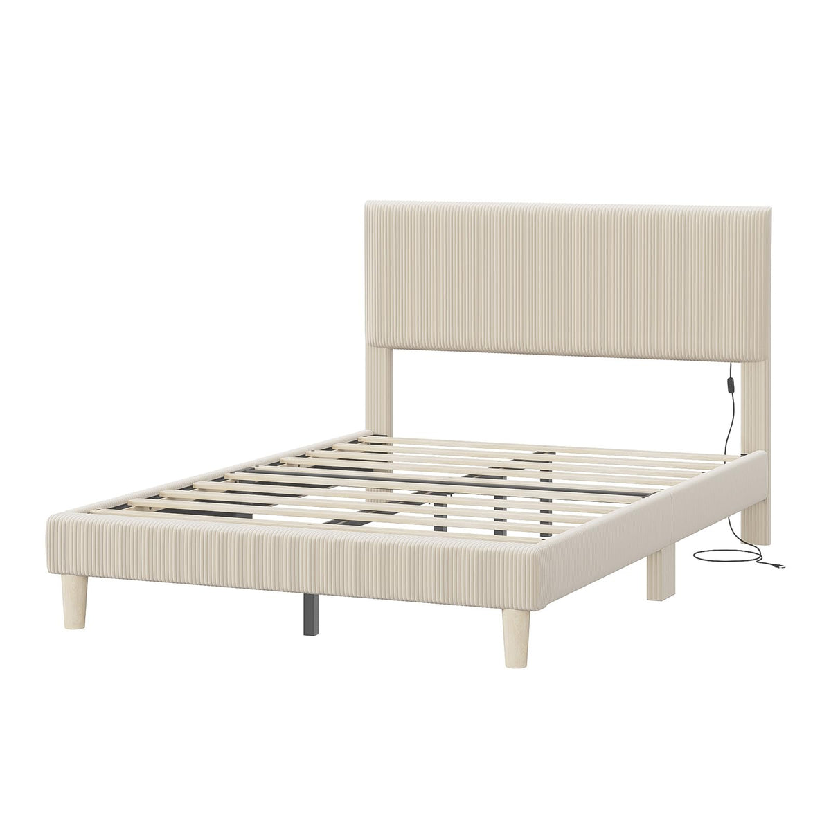 Queen Bed Frame with Headboard LED Lighting, Upholstered, Beige E22715