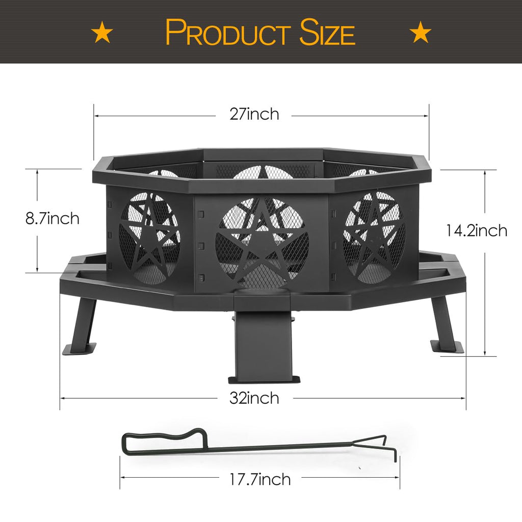 32 Inch Octagonal Fire Pit with Fire Poker Black M4628