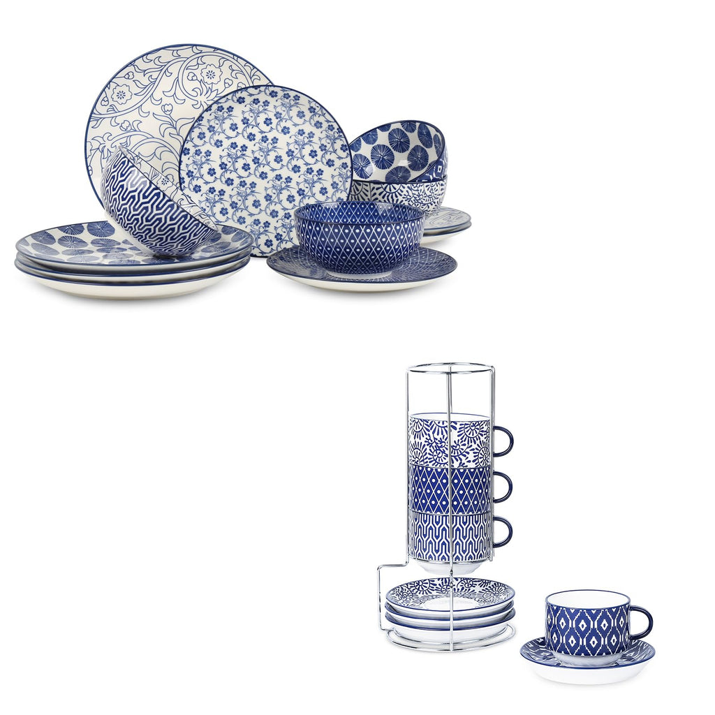 Ceramic Dinnerware Sets 12 Piece Cappuccino Cups with Saucers and Metal Stand W74372