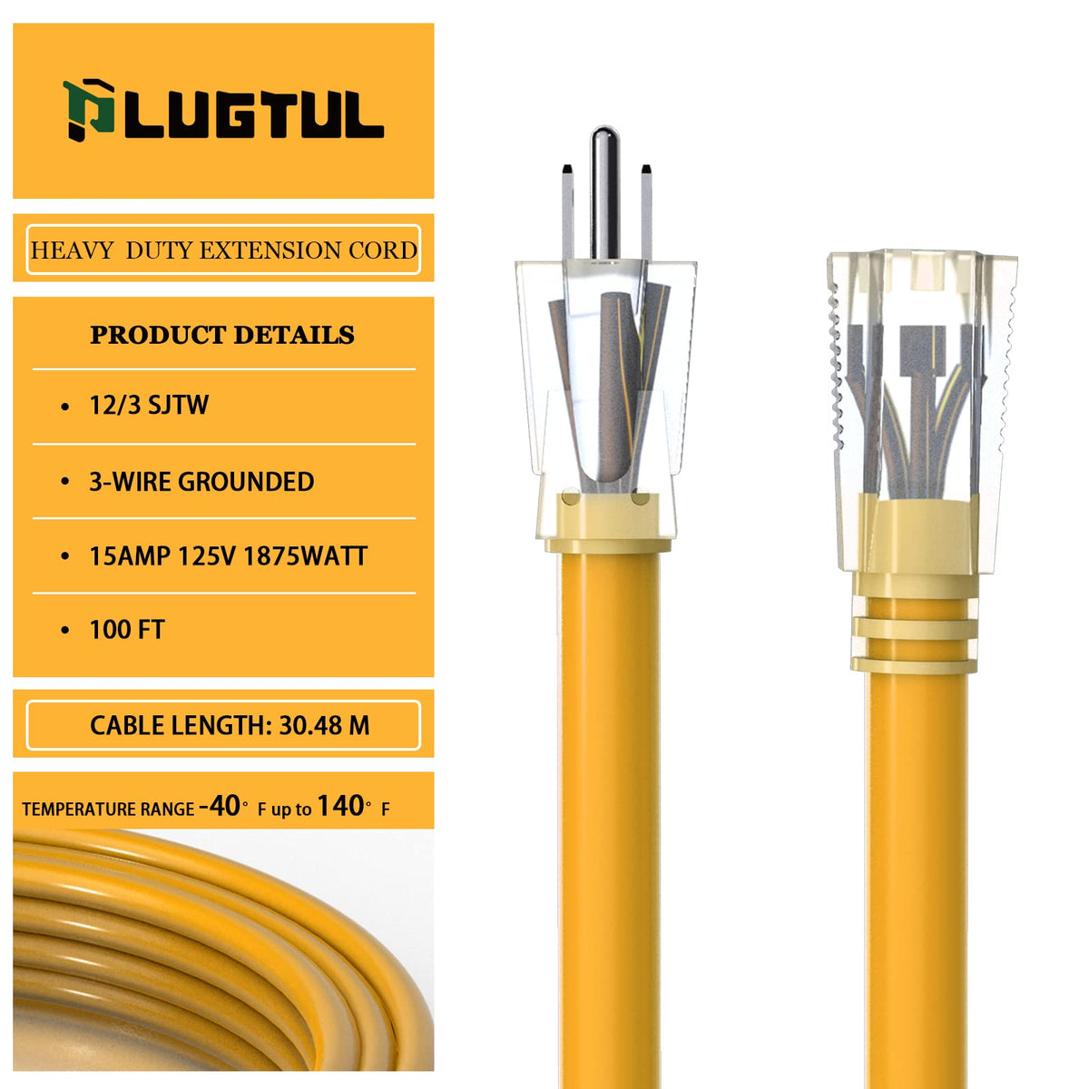 12 Gauge 100 Ft Heavy Duty Outdoor Extension Cord Waterproof Lighted End SJTW 3 Prong Grounded Plug 15A 1875W Yellow N4101