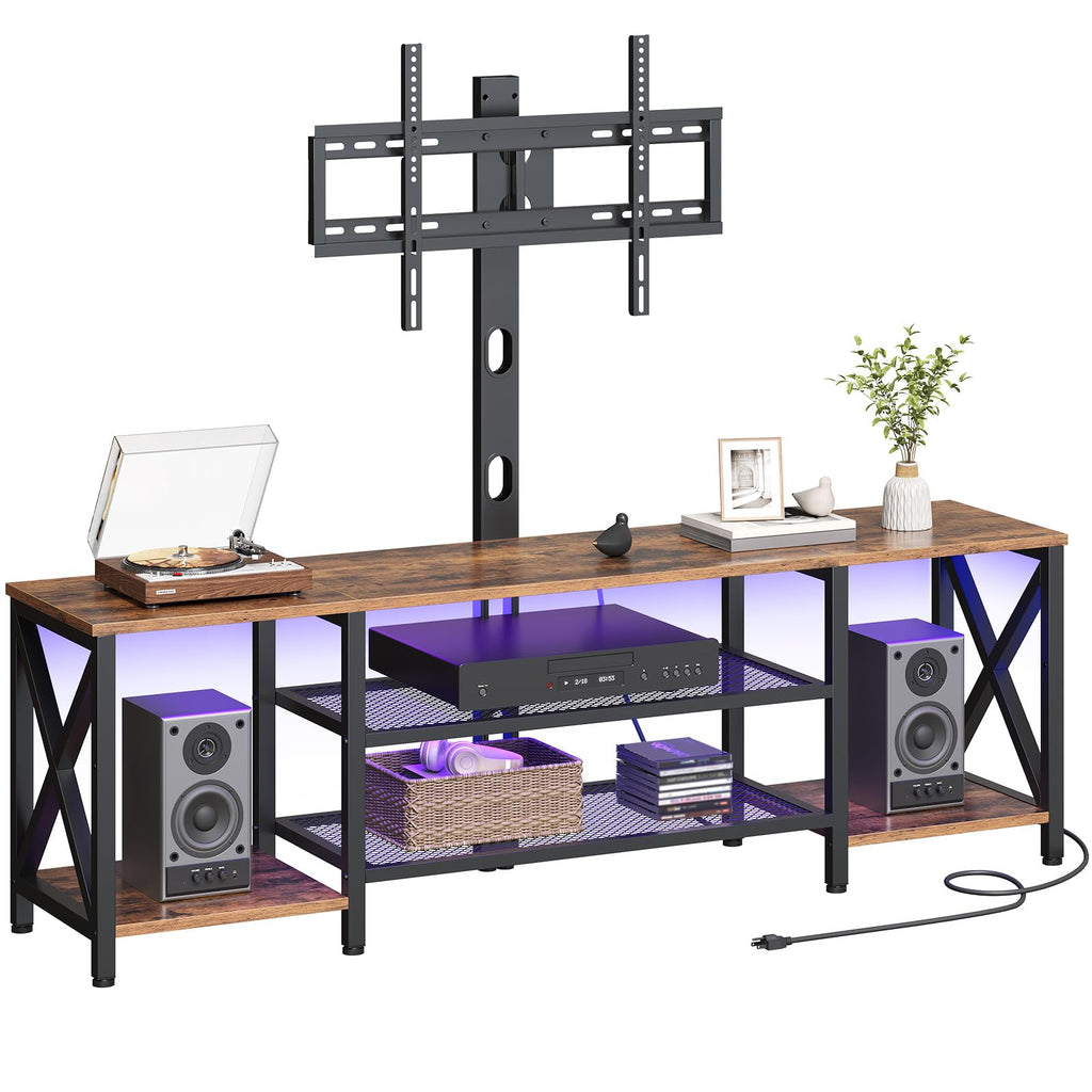 Rustic Brown 3-Tier TV Stand with Swivel Mount and Power Outlet I2936