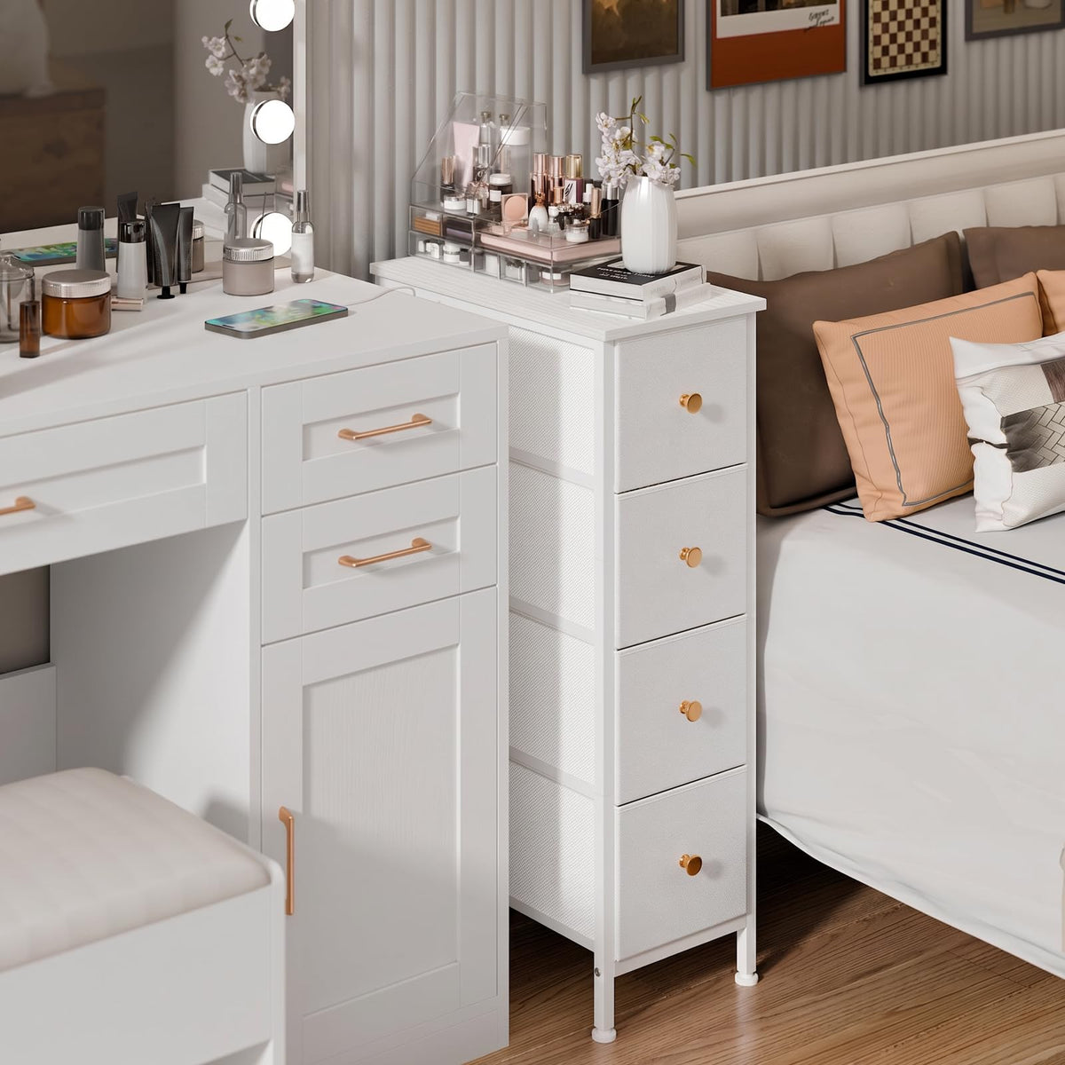 White 4 Fabric Drawer Narrow Storage Cabinet C9103