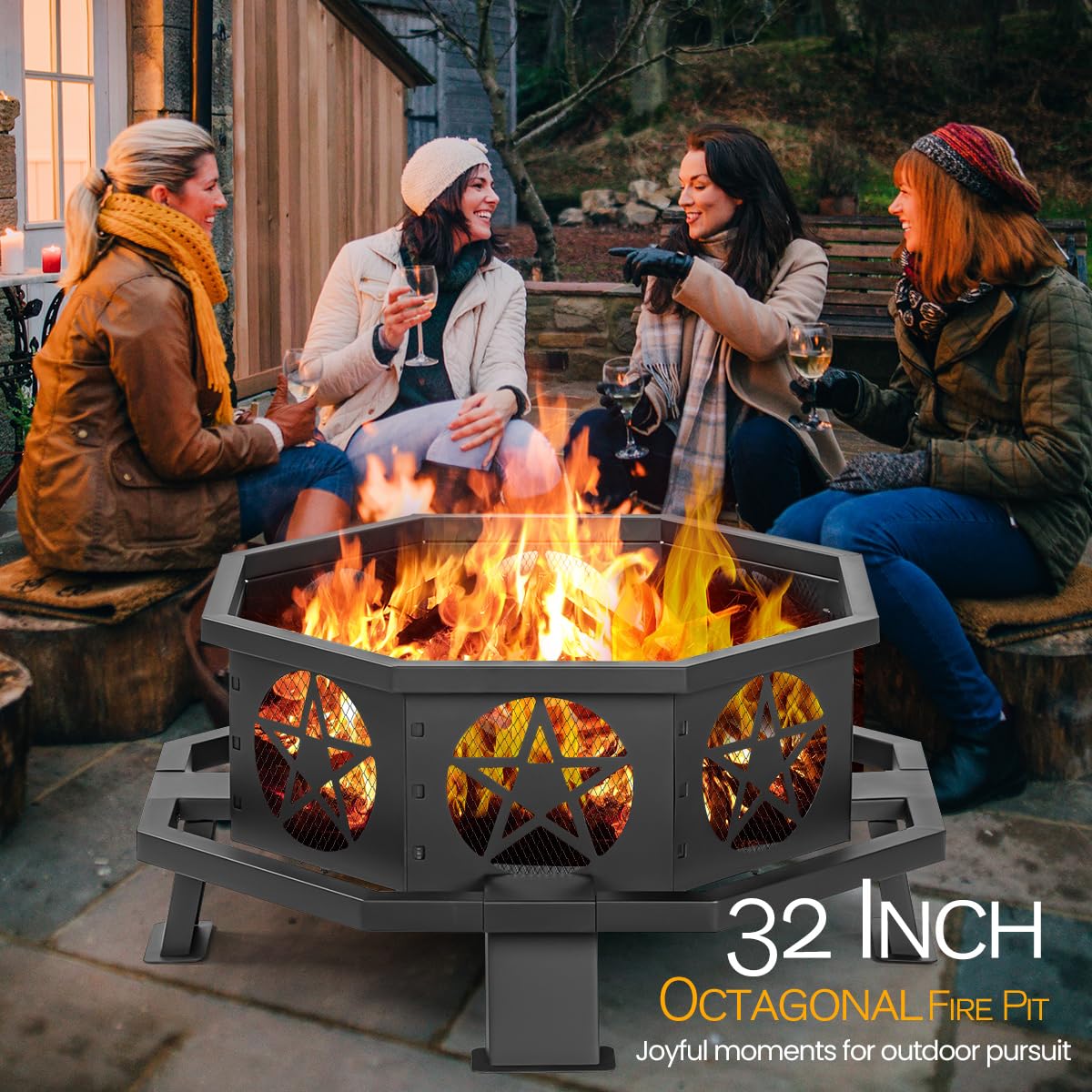 32 Inch Octagonal Fire Pit with Fire Poker Black M4628