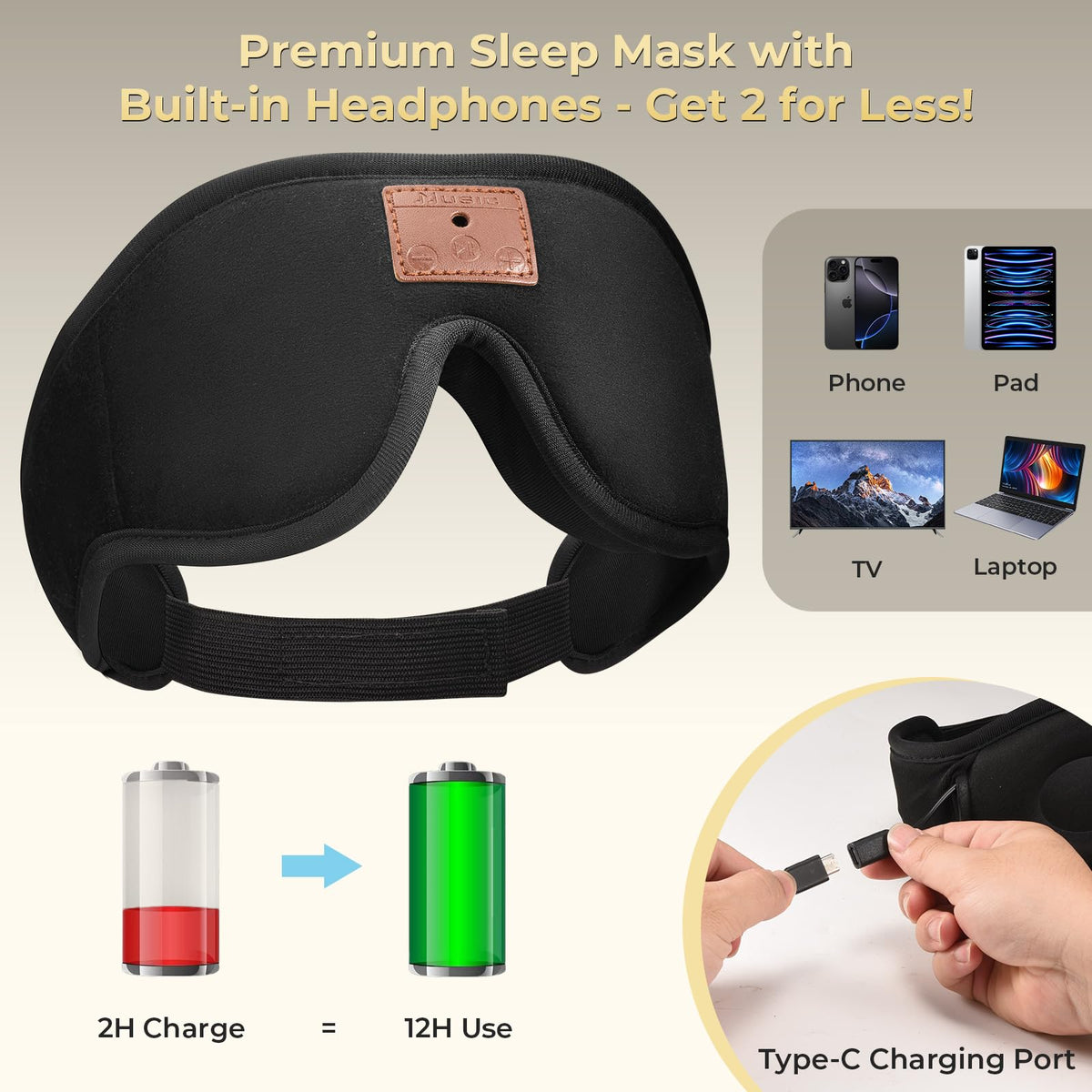 3D Bluetooth Sleep Mask with Headphones 2-Pack P130