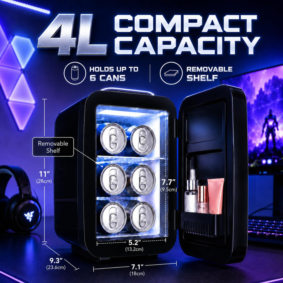 Mini Fridge with 7 Gaming Lights Modes U95548