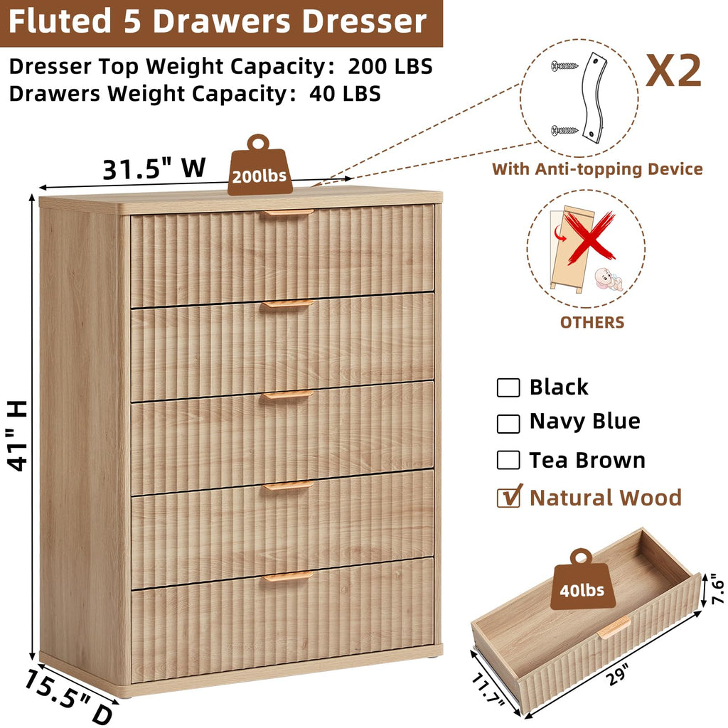 Fluted 5 Drawers Natural Wood Dresser G645