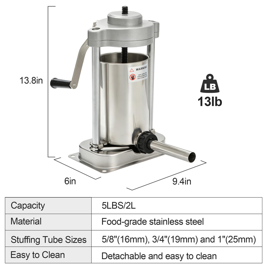 5lb Stainless Steel Sausage Stuffer with 3 Stuffing Tubes O6163