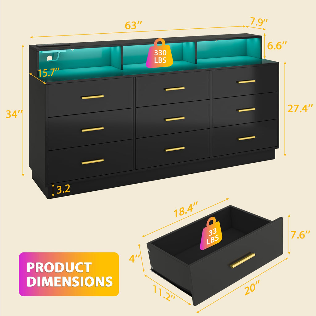 Black 9 Drawer Wood Dresser U44974