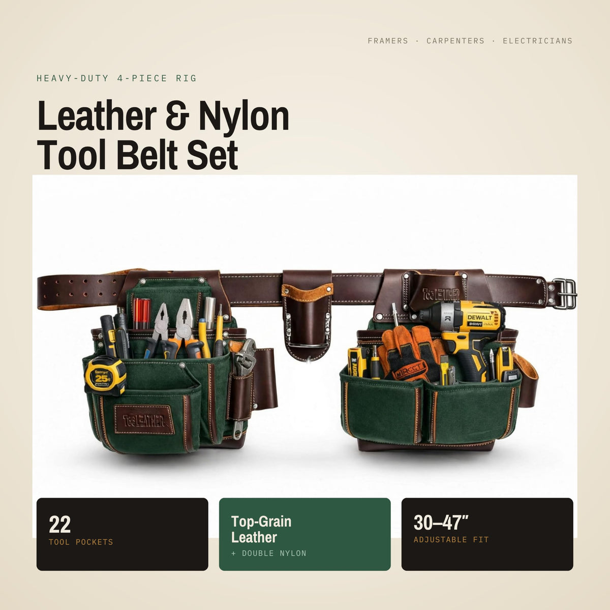 Leather & Nylon 22 Pocket Tool Belt with Hammer Holder R651