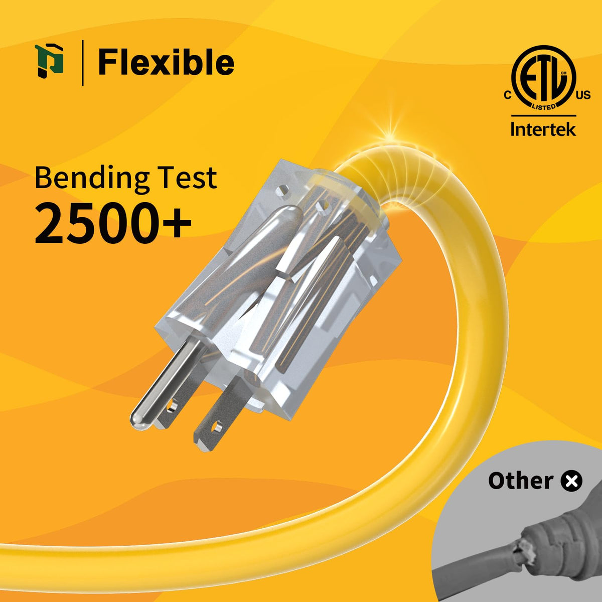 12 Gauge 100 Ft Heavy Duty Outdoor Extension Cord Waterproof Lighted End SJTW 3 Prong Grounded Plug 15A 1875W Yellow N4101
