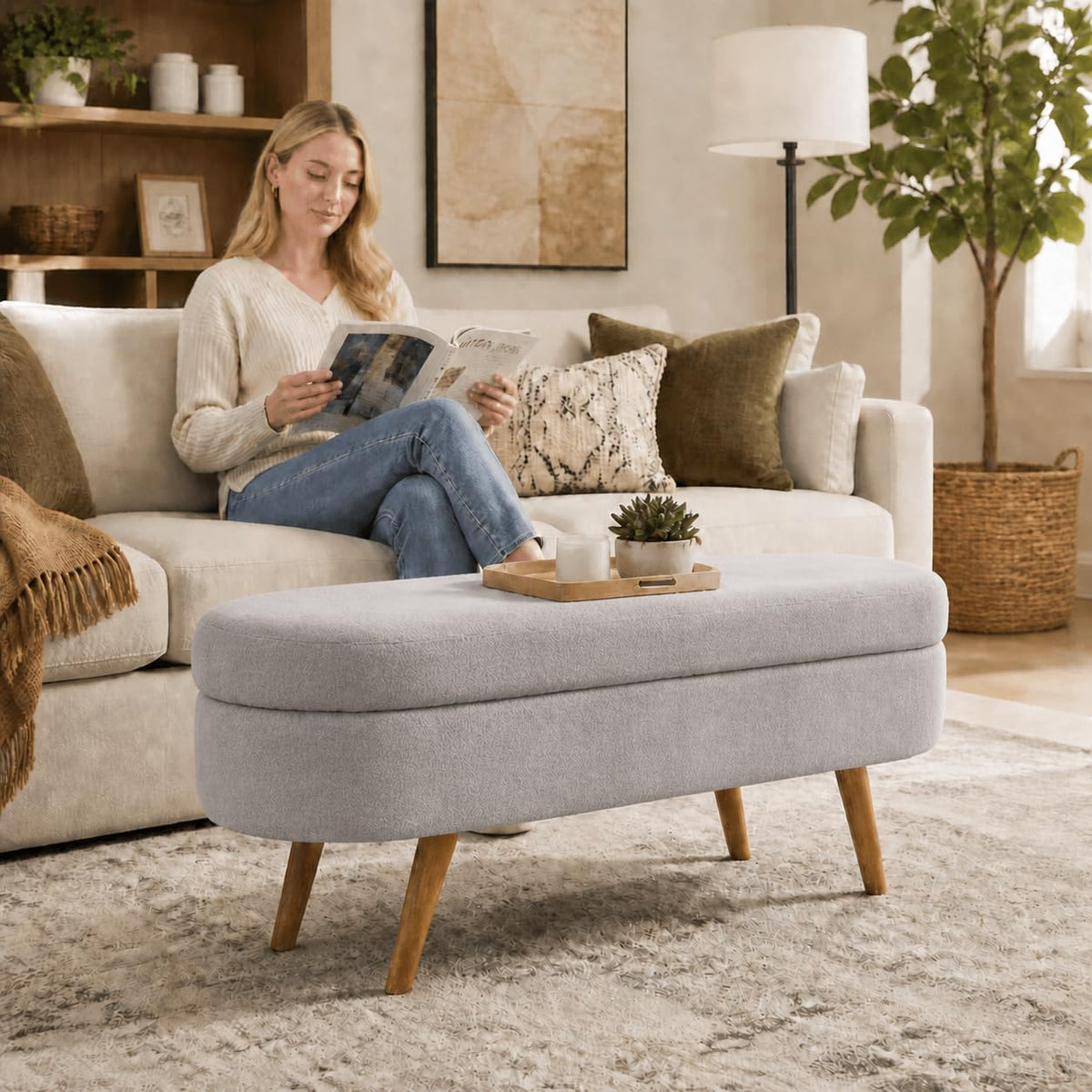 Oval Boucle Storage Ottoman with Wooden Legs G811025