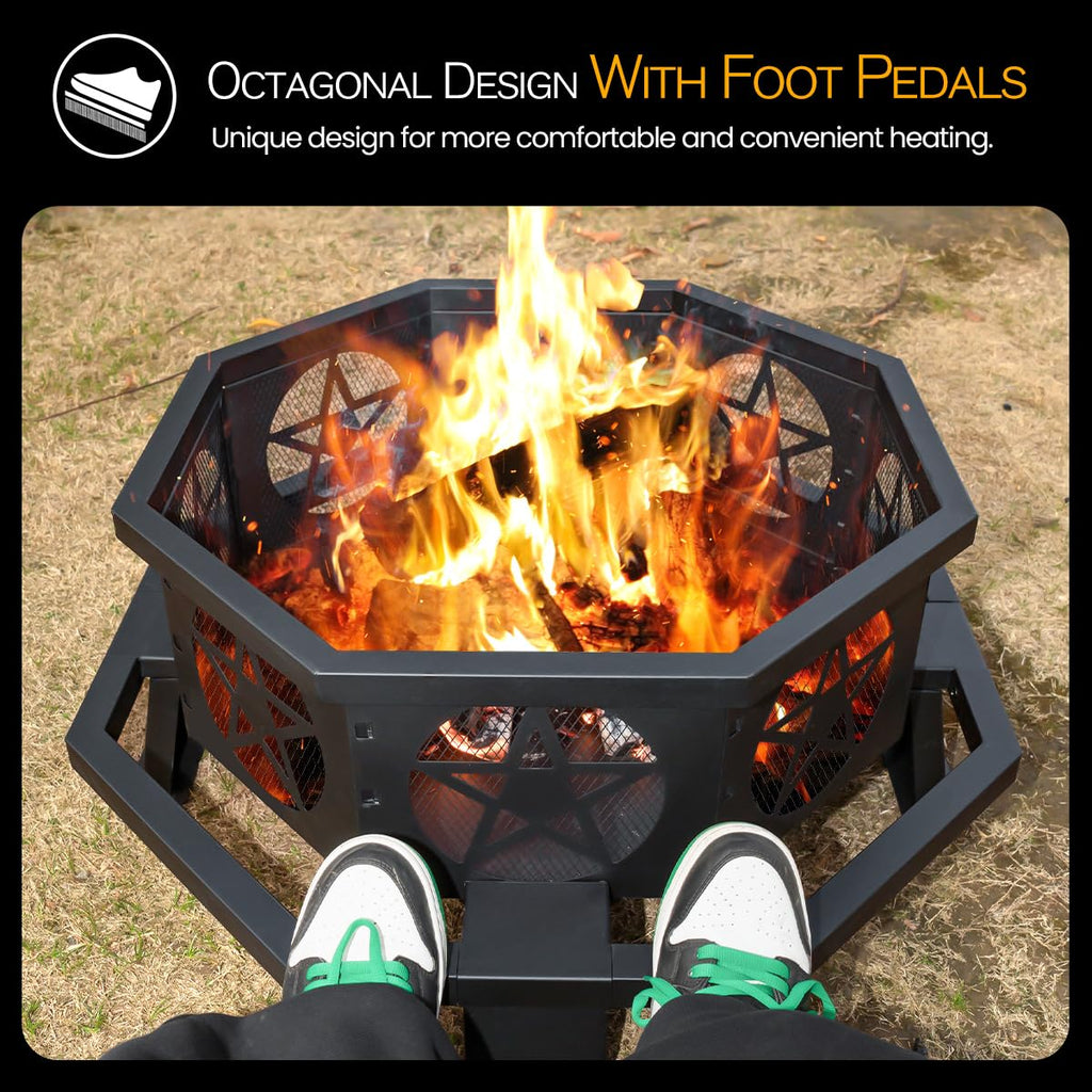 32 Inch Octagonal Fire Pit with Fire Poker Black M4628