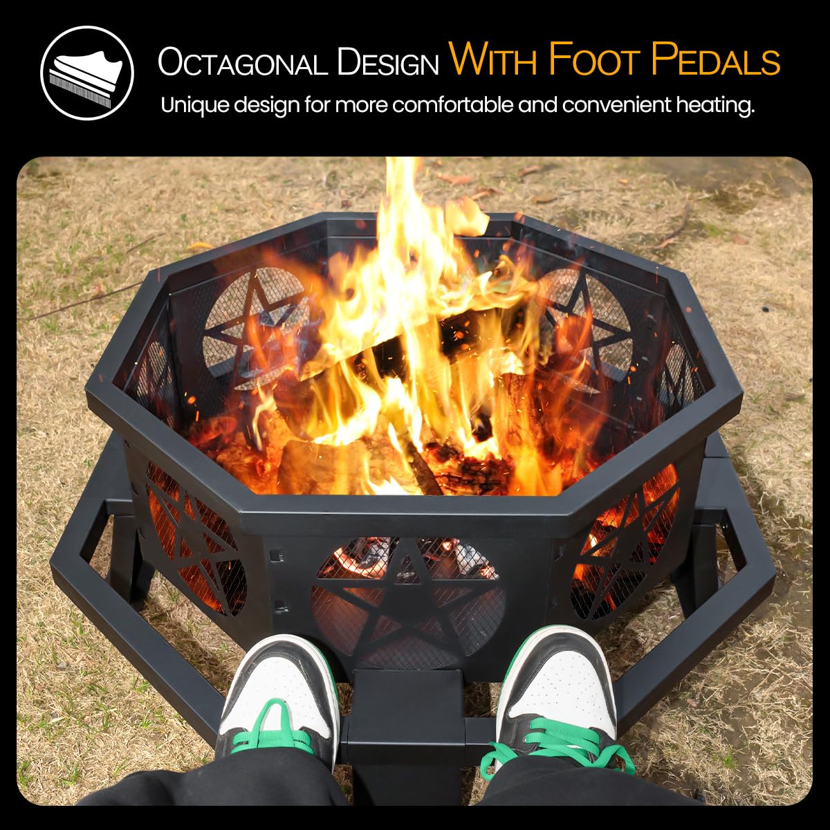 32 Inch Octagonal Fire Pit with Fire Poker Black M4628