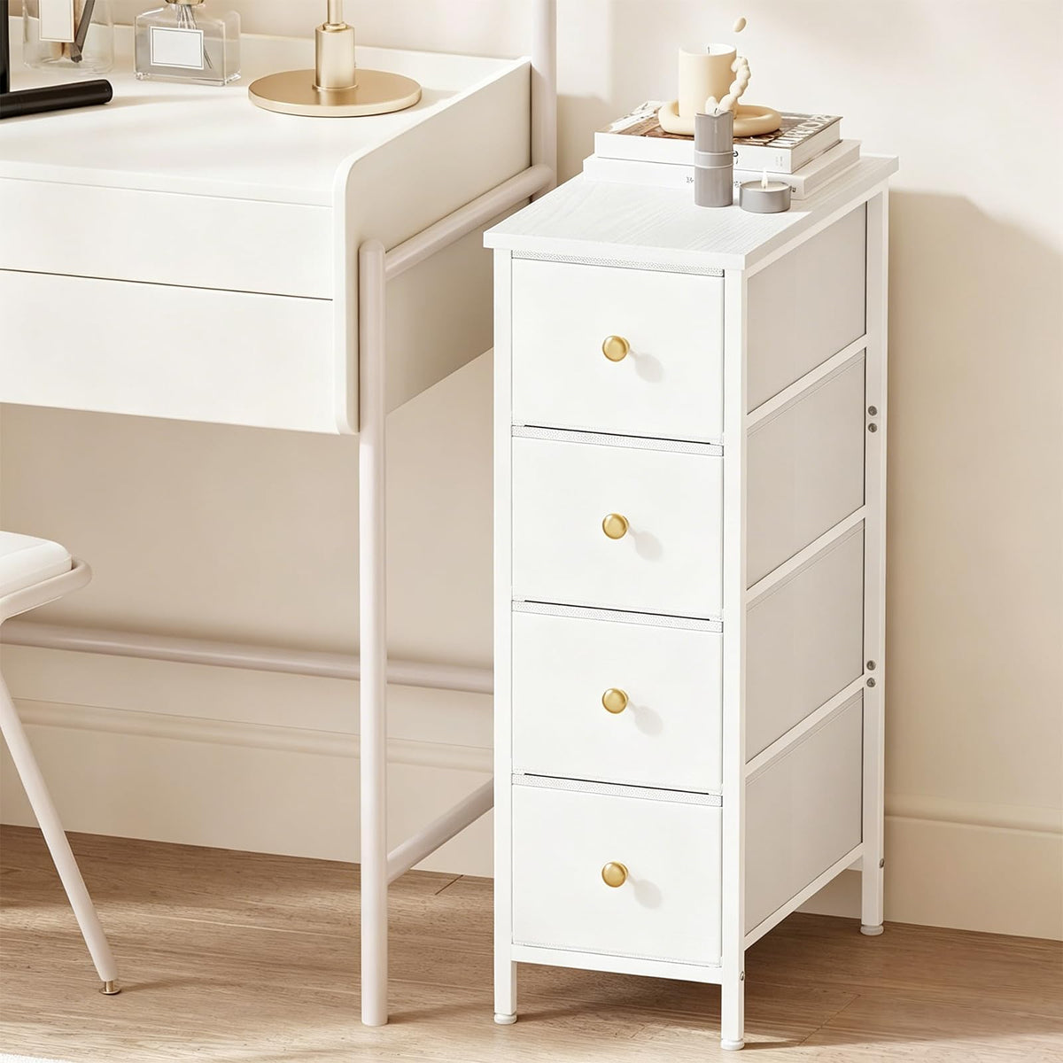 White 4 Fabric Drawer Narrow Storage Cabinet C9103