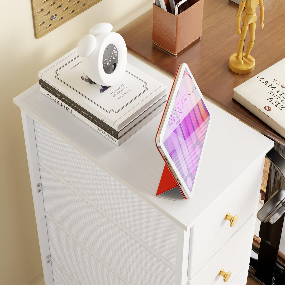 White 4 Fabric Drawer Narrow Storage Cabinet C9103
