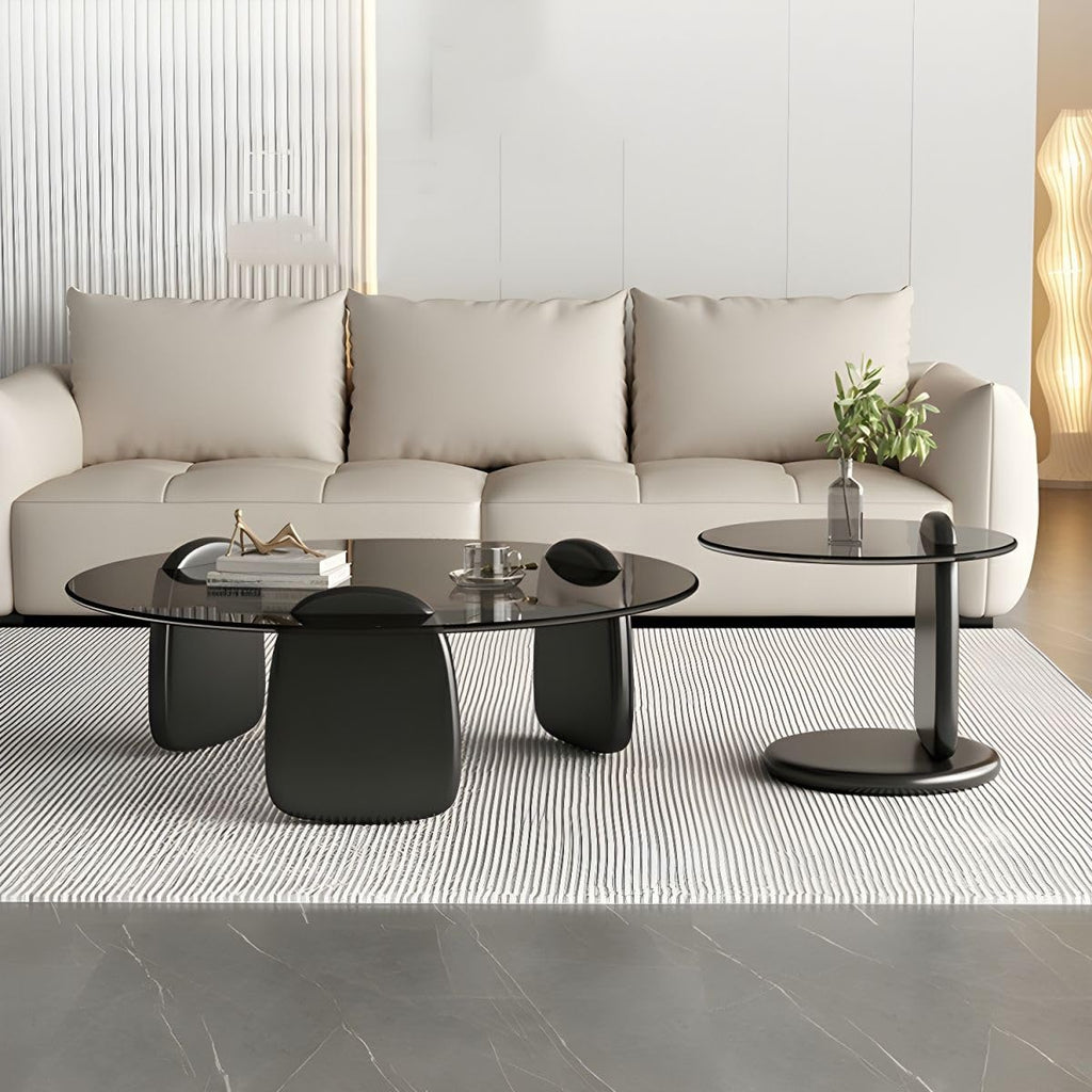 Nesting Coffee Table Set of 2 Glass Round Top Wood Legs B5574