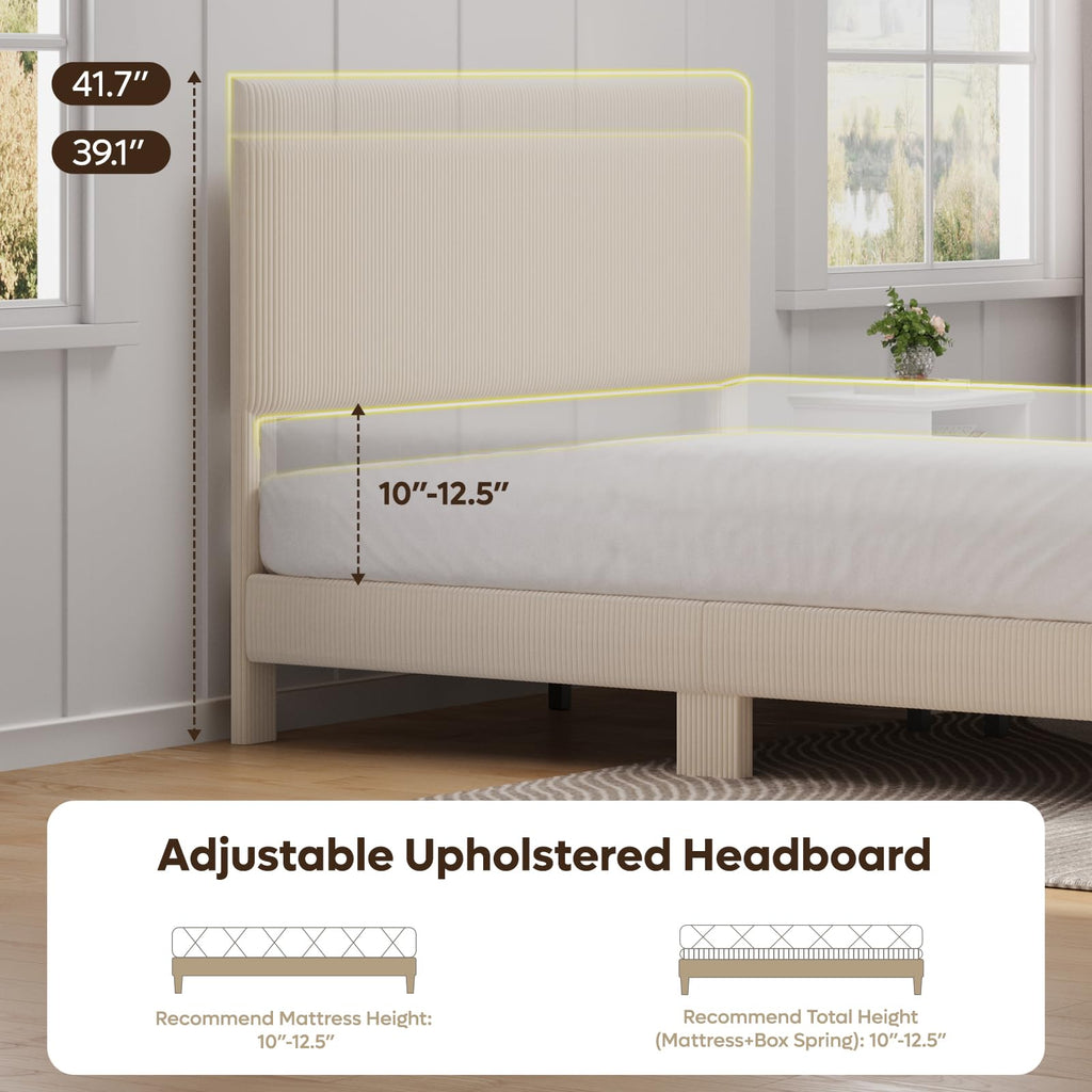 Queen Bed Frame with Headboard LED Lighting, Upholstered, Beige E22715