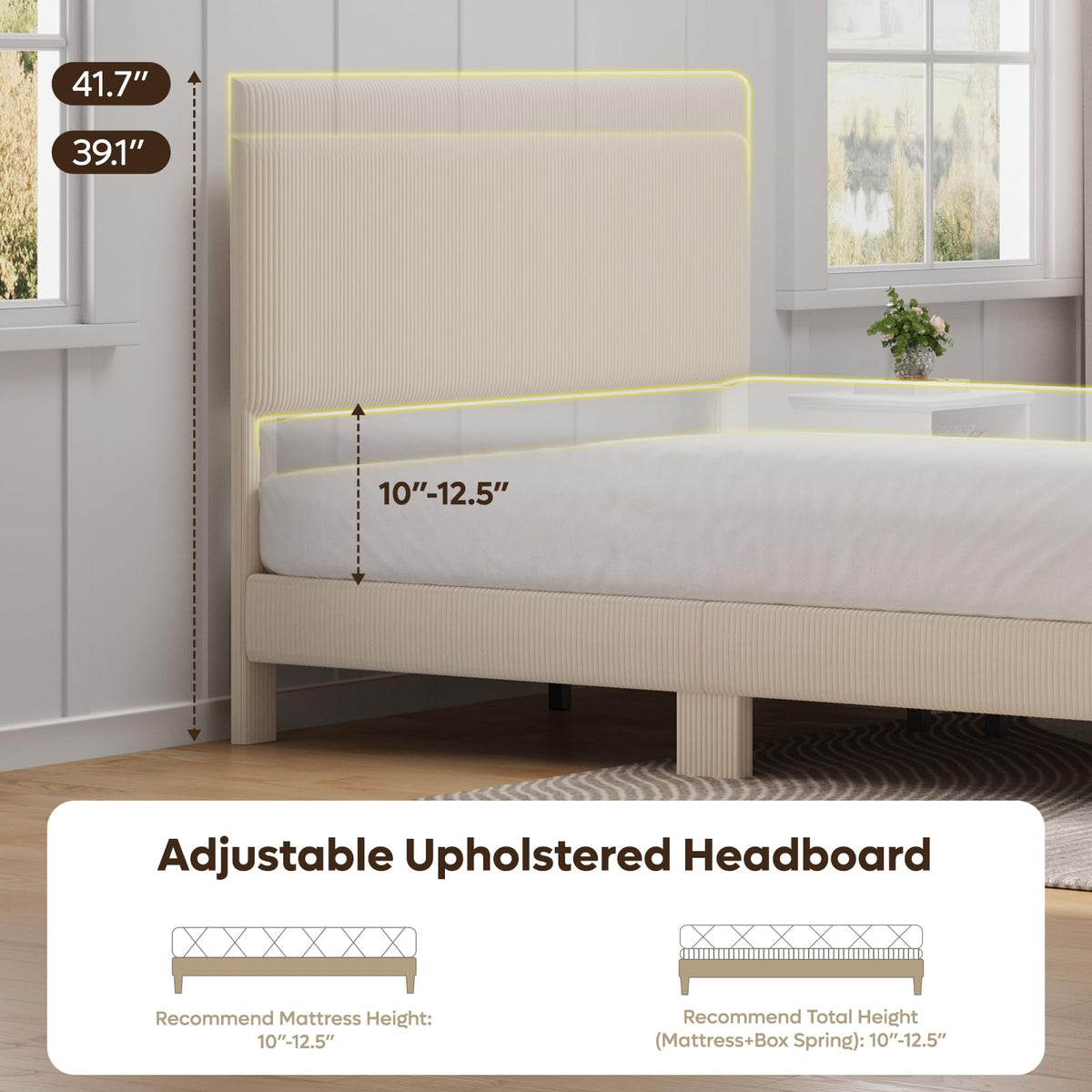 Queen Bed Frame with Headboard LED Lighting, Upholstered, Beige E22715