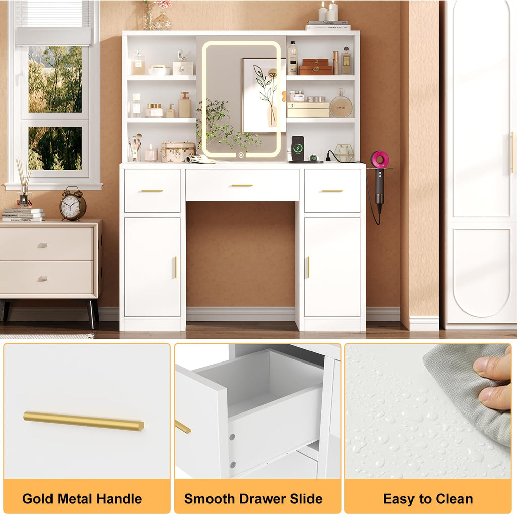 White Vanity Desk with Sliding Mirror and LED Lights E45944