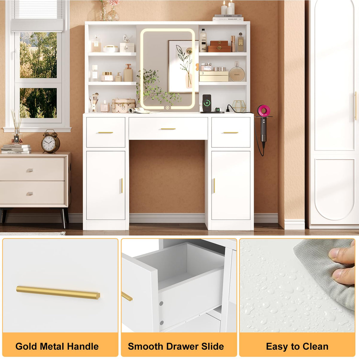 White Vanity Desk with Sliding Mirror and LED Lights E45944