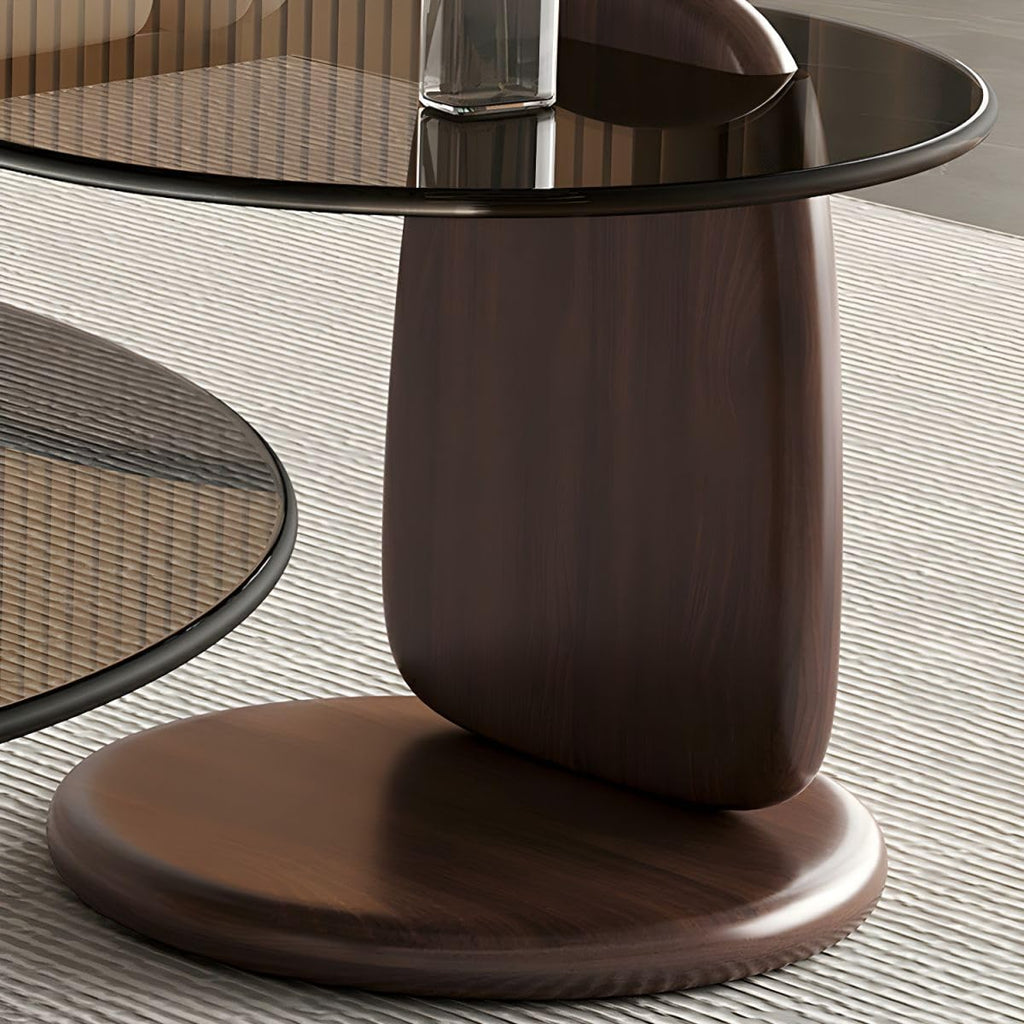 Nesting Coffee Table Set of 2 Glass Round Top Wood Legs B5574