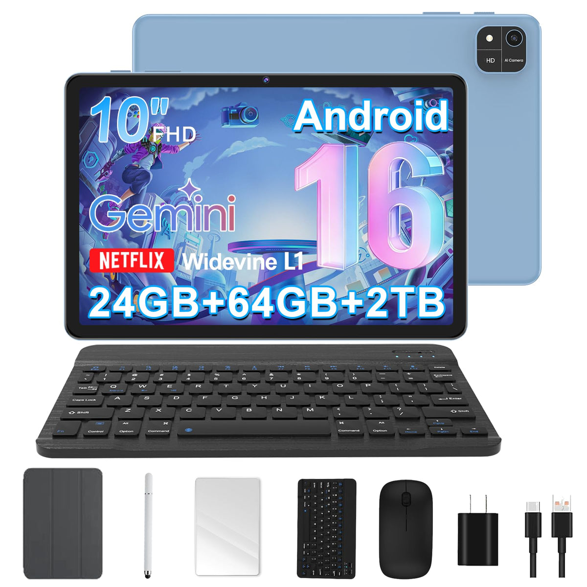 10 Inch Octa-Core Tablet with Keyboard Case Mouse Stylus D638