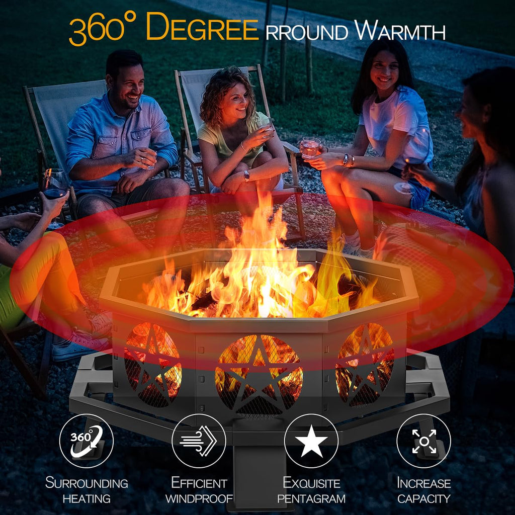 32 Inch Octagonal Fire Pit with Fire Poker Black M4628