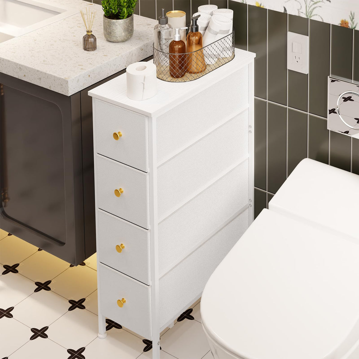 White 4 Fabric Drawer Narrow Storage Cabinet C9103