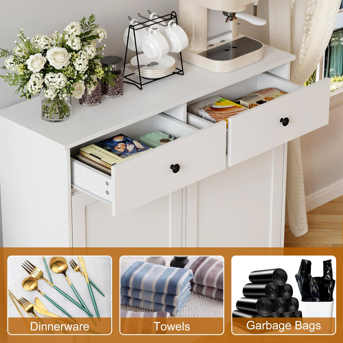 White 2 x 10 Gallon Wooden Tilt Out Trash Can Cabinet L991