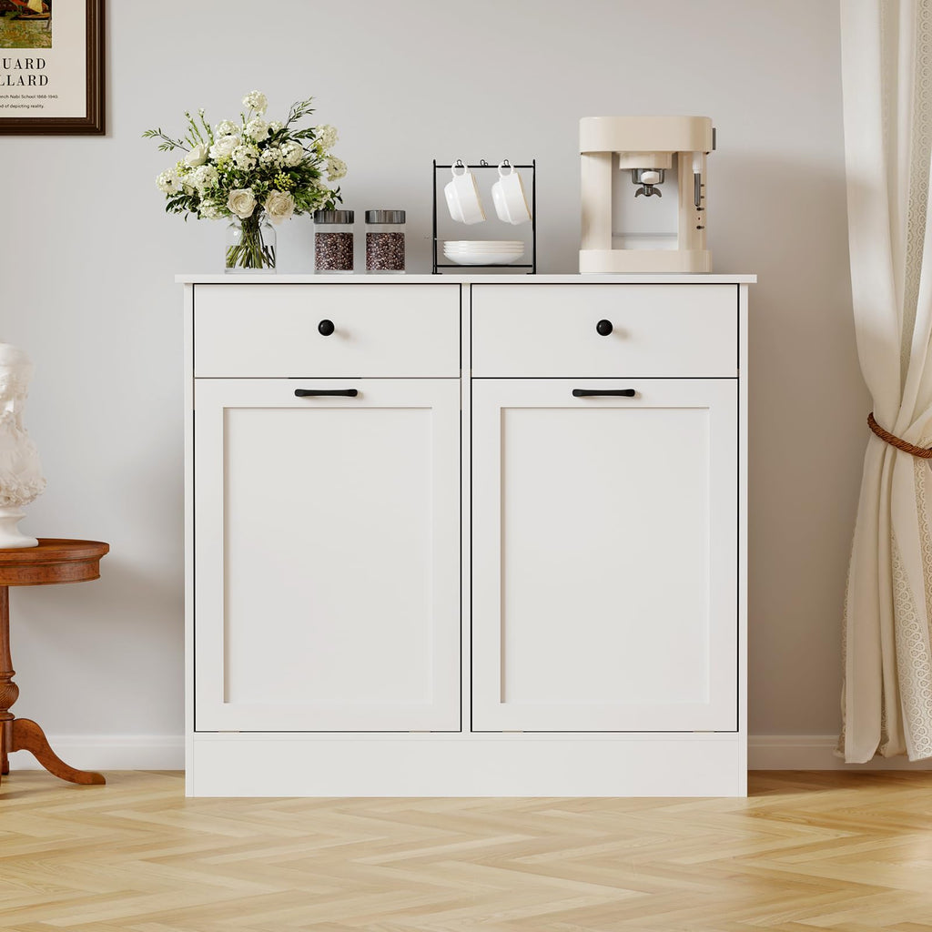 White 2 x 10 Gallon Wooden Tilt Out Trash Can Cabinet L991