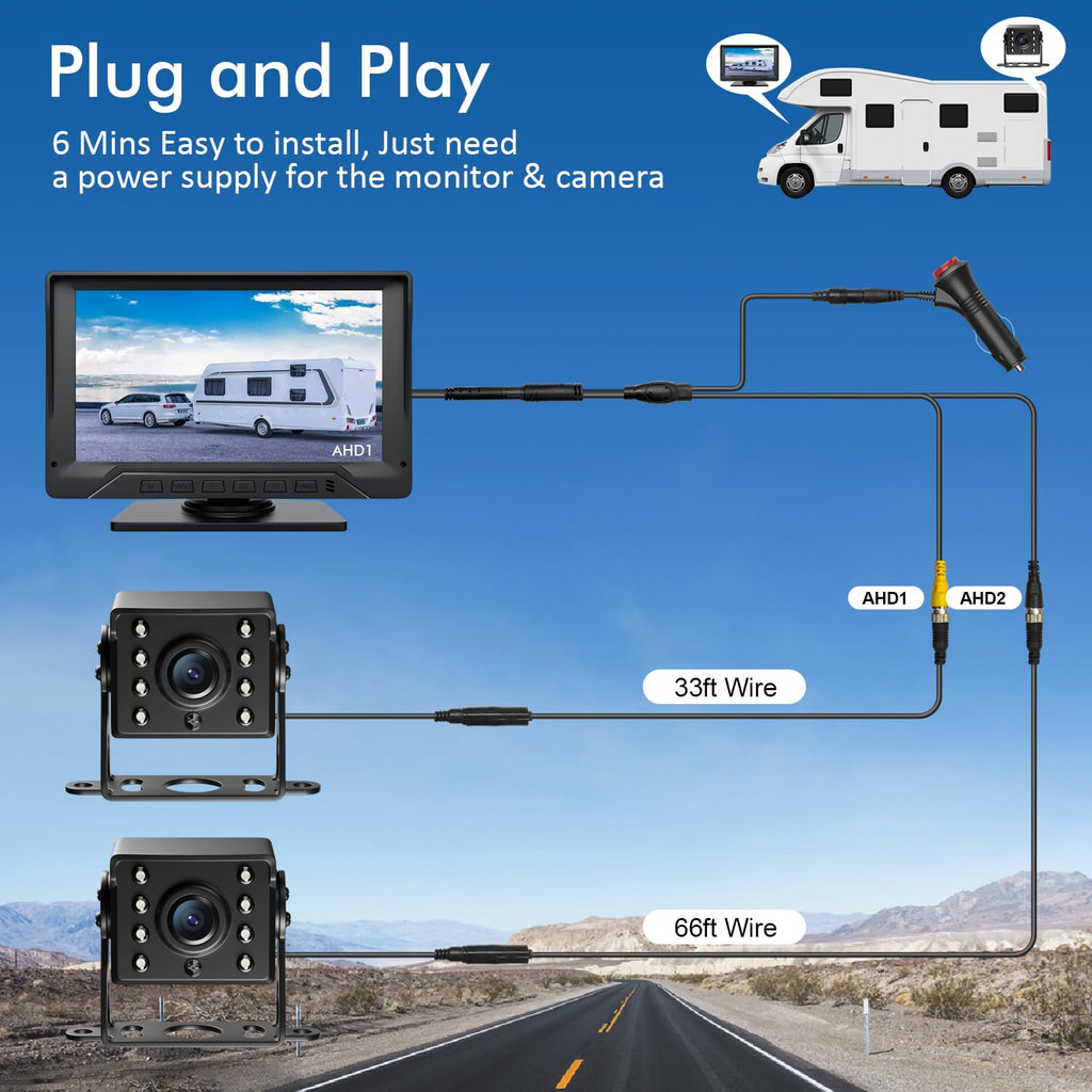 7'' Wired Dual RV Backup Camera System 1080P HD U790