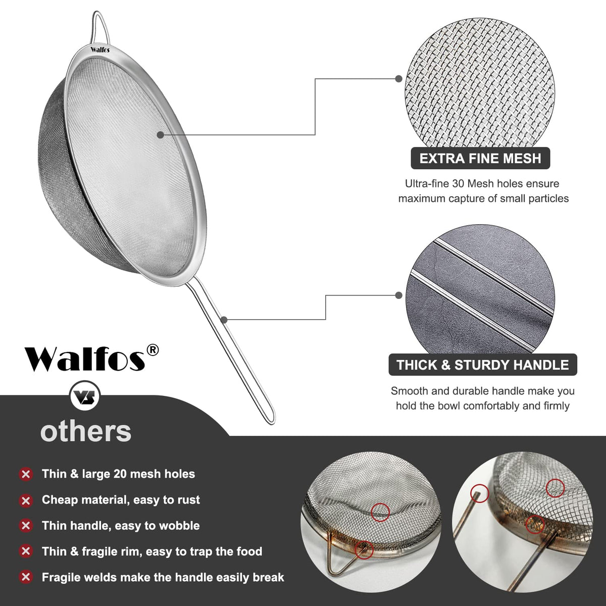 Large Fine Mesh Stainless Steel Strainer Set of 2 L54546