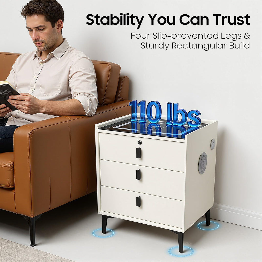 3 Drawers Nightstand with Fingerprint Lock and Wireless Charging M1201