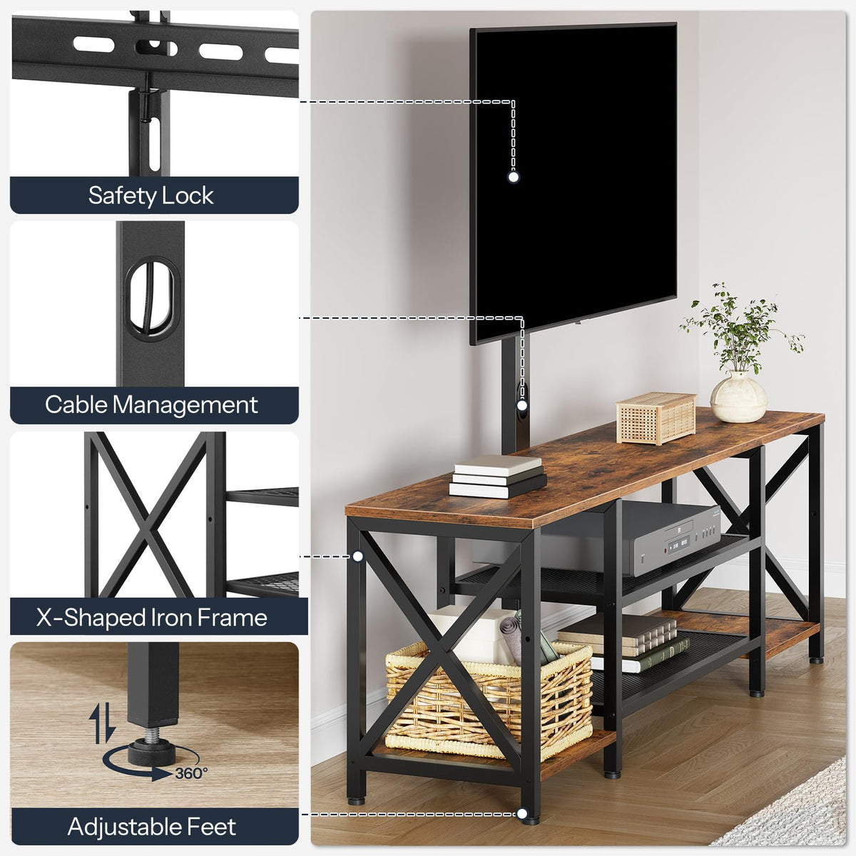 Rustic Brown 3-Tier TV Stand with Swivel Mount and Power Outlet I2936