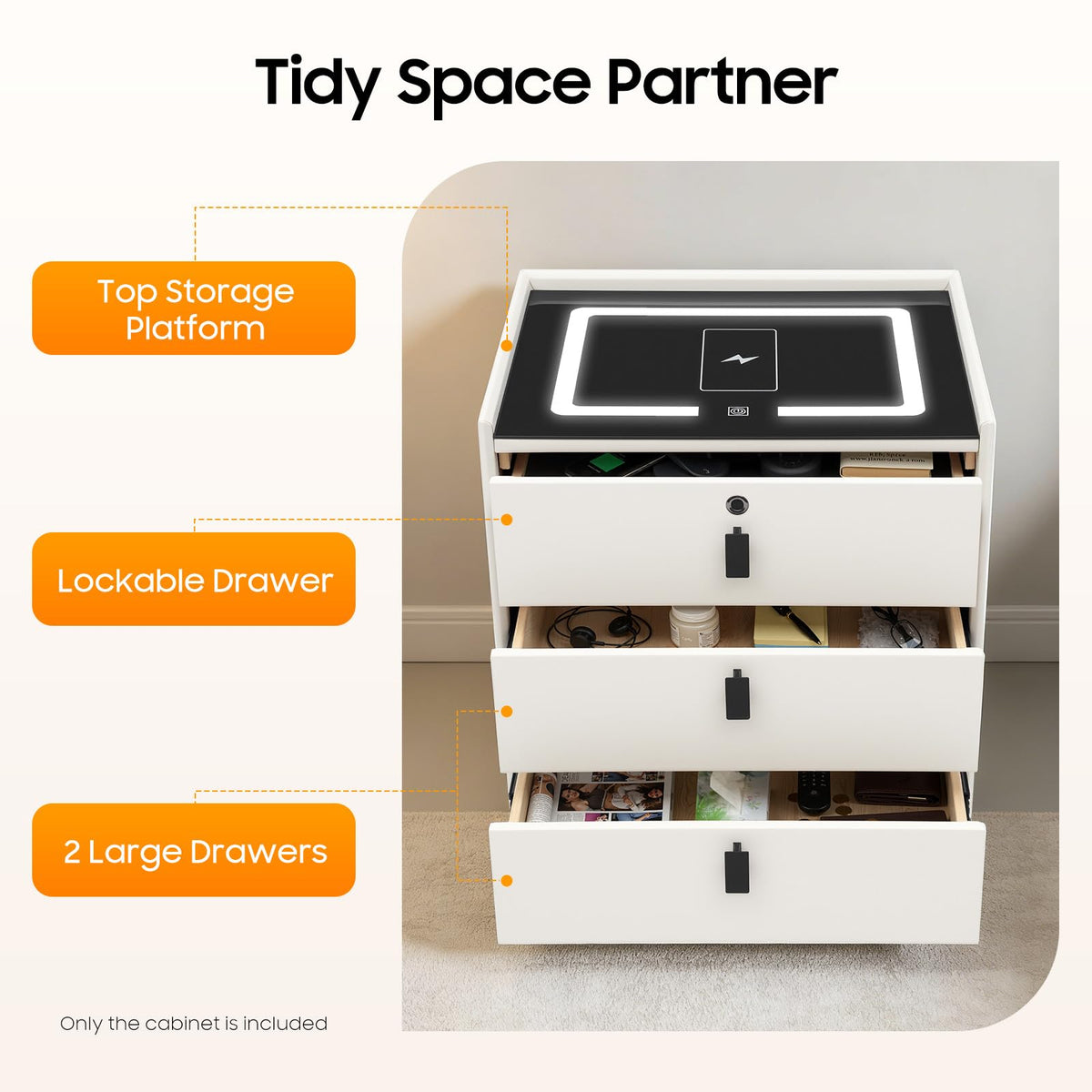 3 Drawers Nightstand with Fingerprint Lock and Wireless Charging M1201