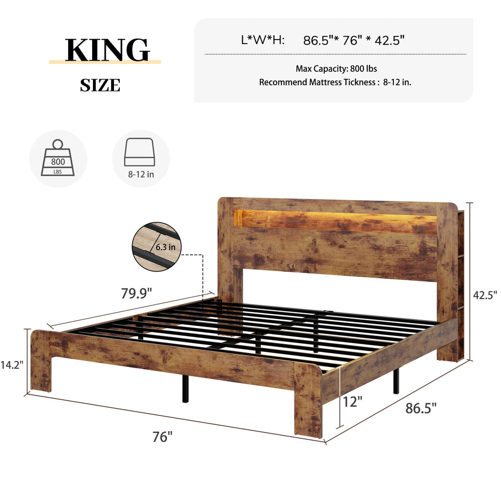 King Size Wooden Bed Frame with Storage Headboard and LED Lights J787735
