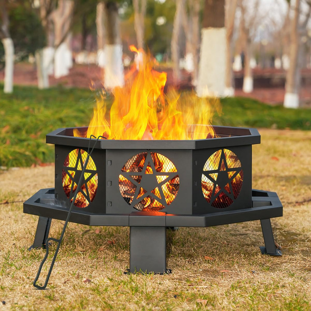 32 Inch Octagonal Fire Pit with Fire Poker Black M4628