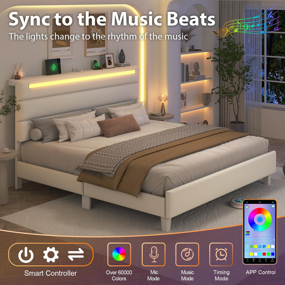 Full Size Bed Frame with LED Lights Headboard C7349