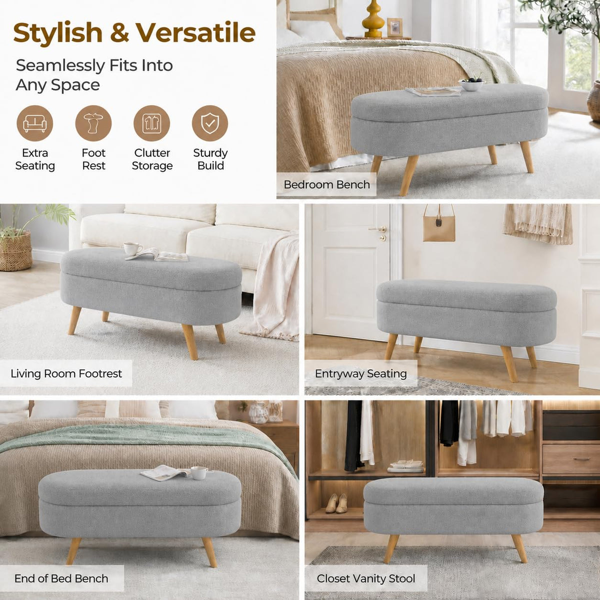 Oval Boucle Storage Ottoman with Wooden Legs G811025