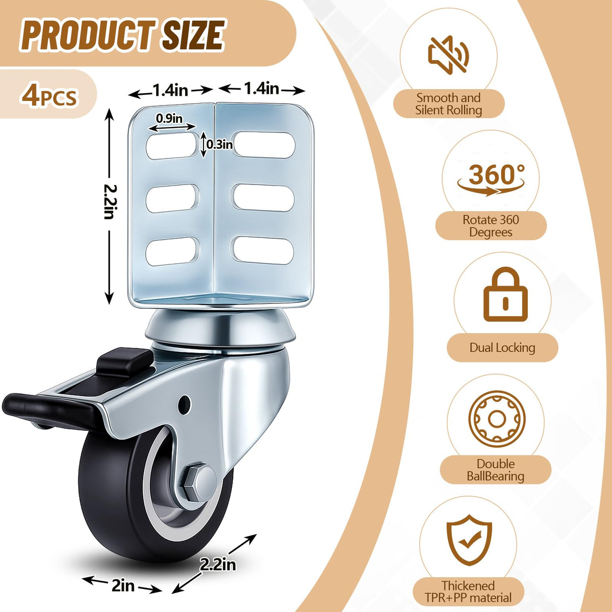 4 Pack Black Swivel Caster Wheels with Top Brake D8494