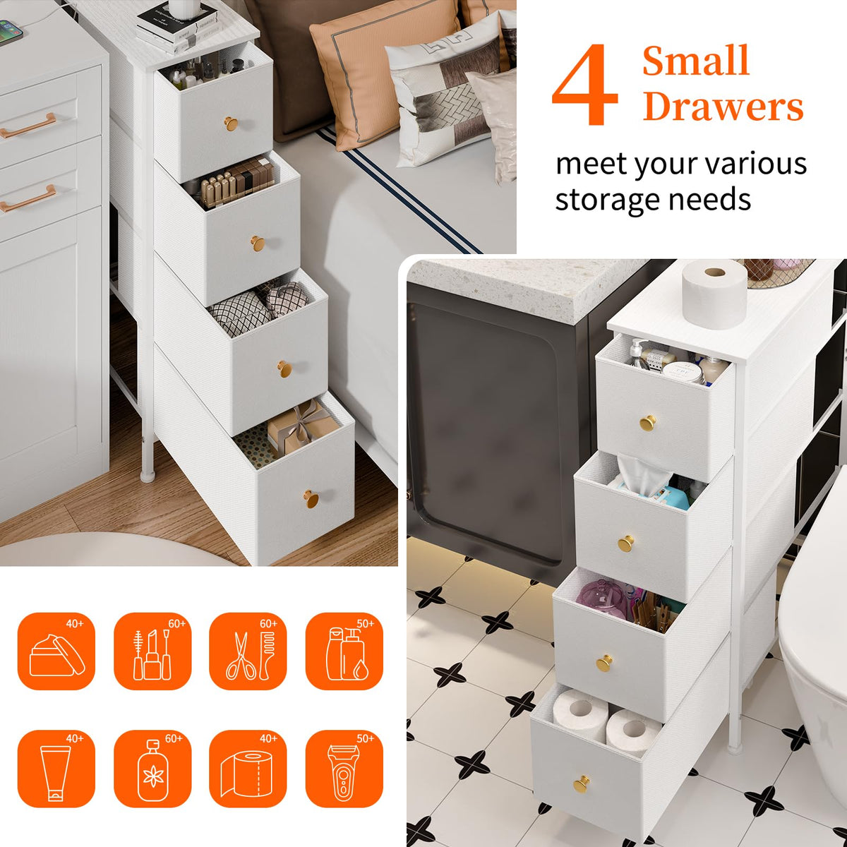 White 4 Fabric Drawer Narrow Storage Cabinet C9103