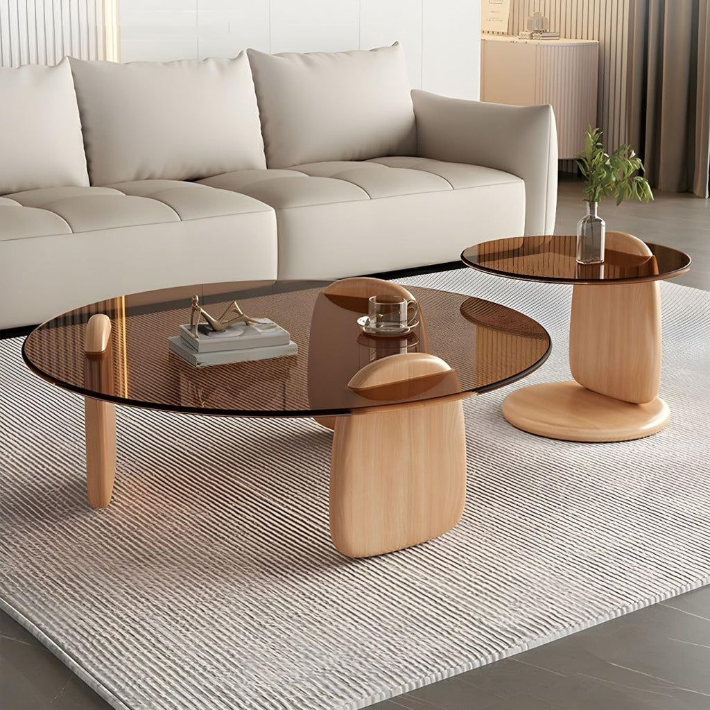 Nesting Coffee Table Set of 2 Glass Round Top Wood Legs B5574