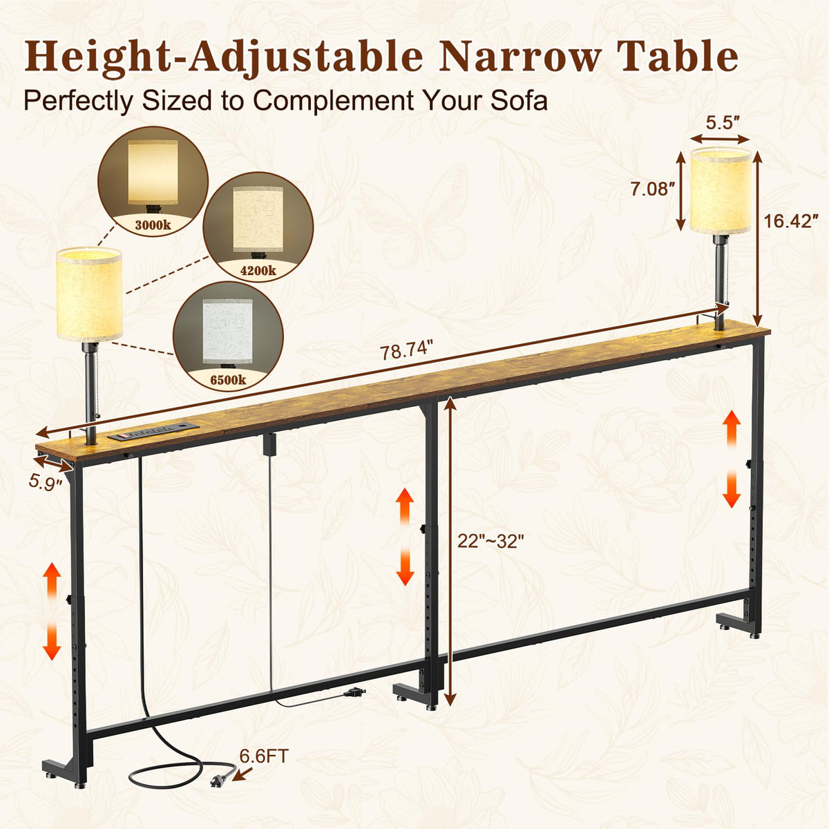 78.8" Long Sofa Table with Lights & Charging Station B199519